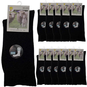Merino Wool Mens Loose Top Thermal Socks Diabetic Comfort Circulation - 12 Pairs - Black