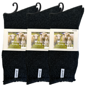 3 Pairs Black Premium Mens Wool Socks - Heavy Duty Thick Work Socks w/ Cushion
