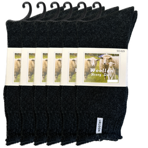 6 Pairs Black Premium Mens Wool Socks Bulk Pack - Heavy Duty Thick Work Socks w/ Cushion