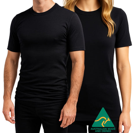 MERINO SKINS Crew Neck Short Sleeve T-Shirt Top 100% Wool Underwear Thermals in Black - XX-Large (111cm)
