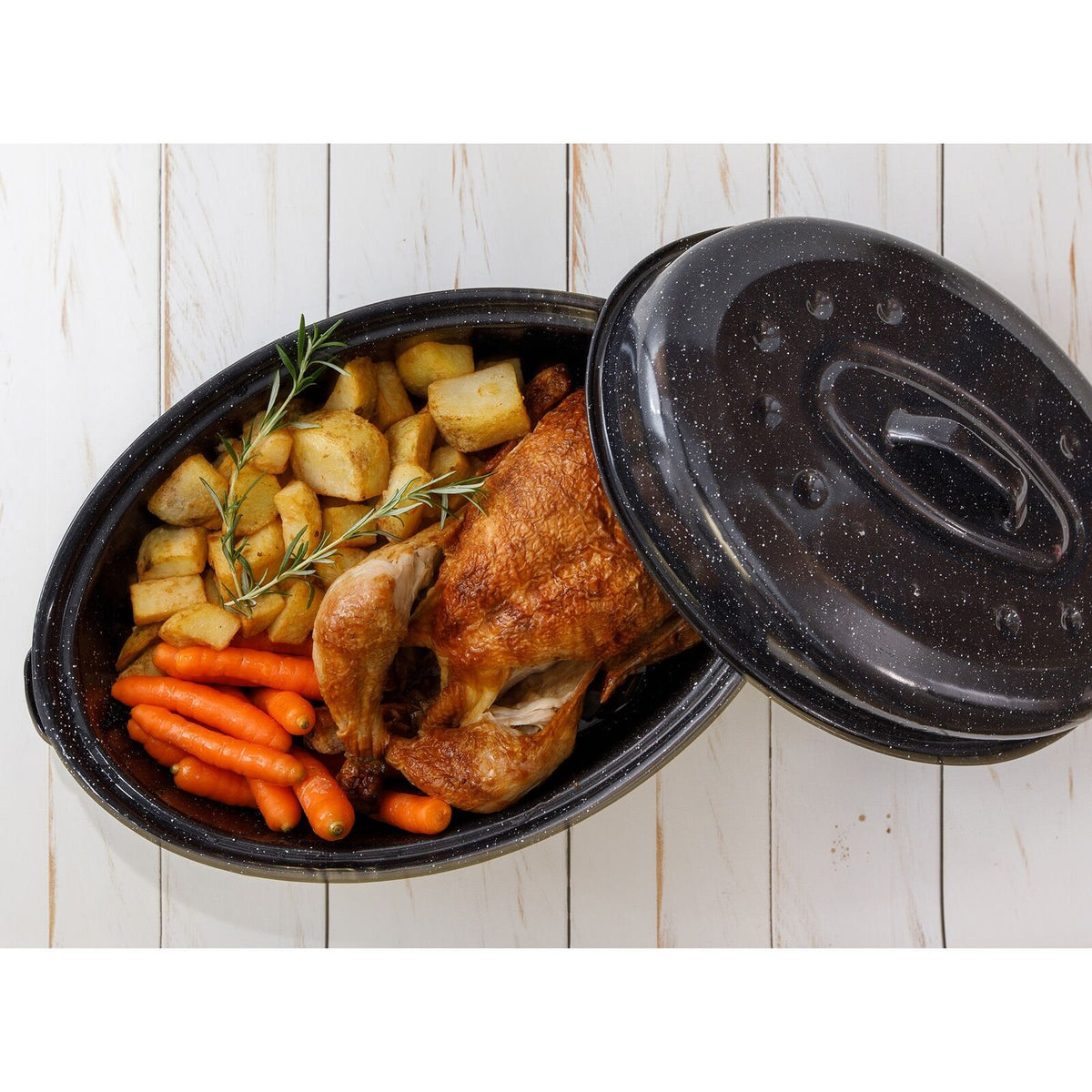 5.5L Enamelled Carbon Steel Oval Roasting Dish Pot w/ Lid, 34x15cm in Black