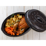 5.5L Enamelled Carbon Steel Oval Roasting Dish Pot w/ Lid, 34x15cm in Black