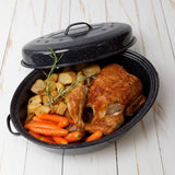 5.5L Enamelled Carbon Steel Oval Roasting Dish Pot w/ Lid, 34x15cm in Black