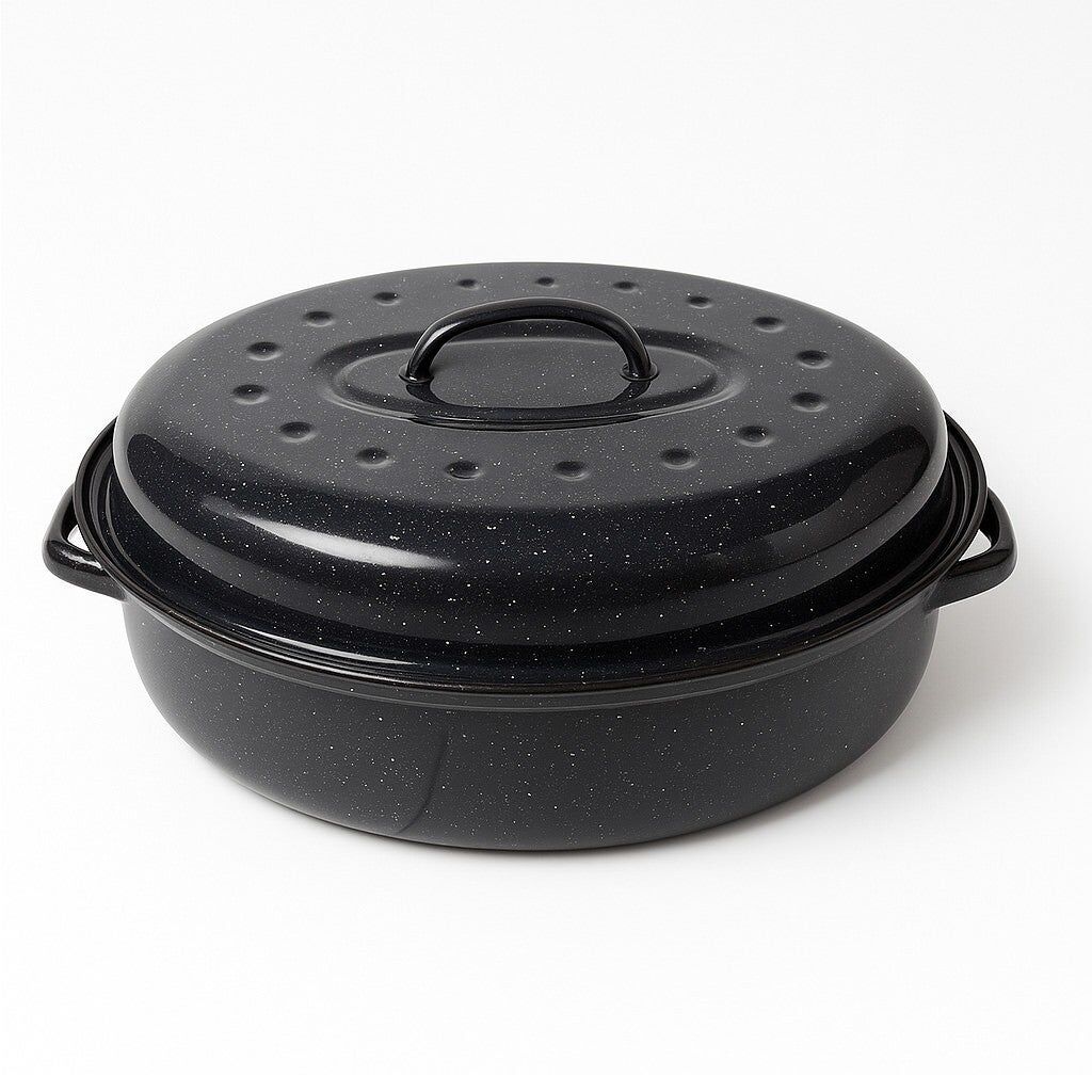 5.5L Enamelled Carbon Steel Oval Roasting Dish Pot w/ Lid, 34x15cm in Black