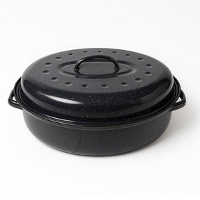 5.5L Enamelled Carbon Steel Oval Roasting Dish Pot w/ Lid, 34x15cm in Black