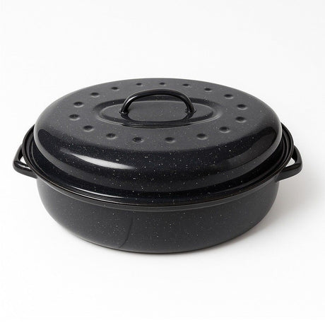5.5L Enamelled Carbon Steel Oval Roasting Pot w/ Domed Lid - Black (34x15cm Wide Dish)