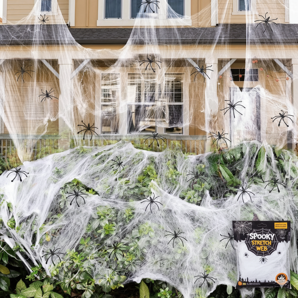 Halloween Stretchable Spider Web Decoration w/ Spiders - Ghost Party Décor