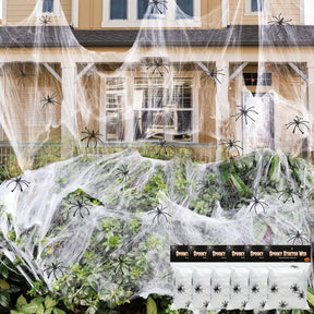 6x Halloween Stretchable Spider Web Decorations w/ Spiders Bulk Pack - Ghost Party Décor