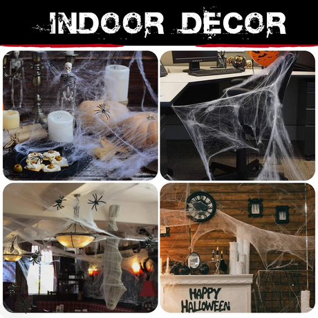 6x HALLOWEEN STRETCHABLE SPIDER WEBS Spooky Decoration with Spiders Party Decor Ghost