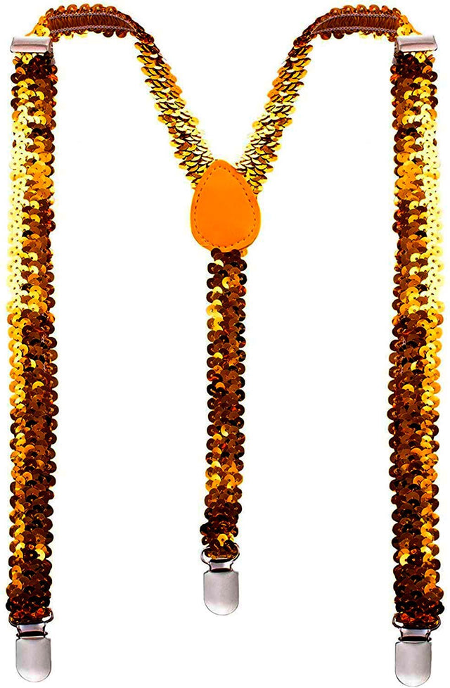 Orange Sequin Suspenders - Unisex Adjustable Clip On Elastic Y-Back Braces