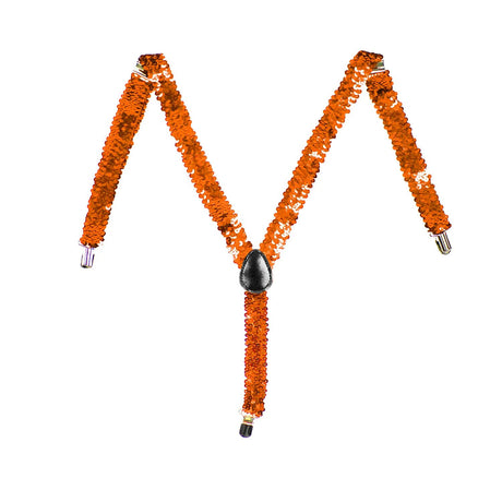 Orange Sequin Suspenders - Unisex Adjustable Clip On Elastic Y-Back Braces