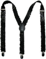 Black Sequin Suspenders - Unisex Adjustable Clip On Elastic Y-Back Braces