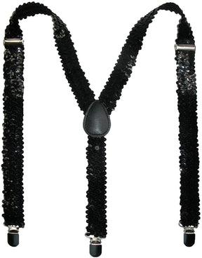 Black Sequin Suspenders - Unisex Adjustable Clip On Elastic Y-Back Braces