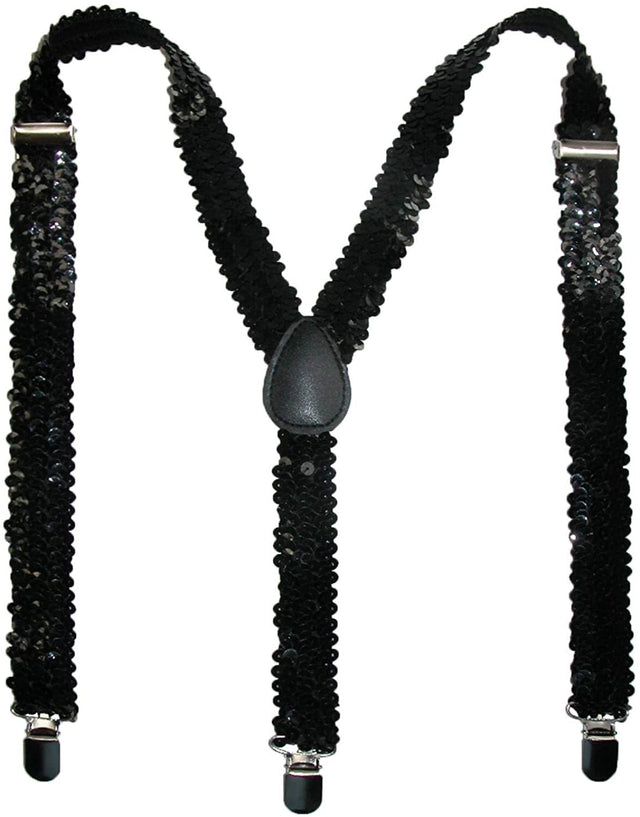 Black Sequin Suspenders - Unisex Adjustable Clip On Elastic Y-Back Braces