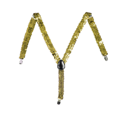 Gold Sequin Suspenders - Unisex Adjustable Clip On Elastic Y-Back Braces
