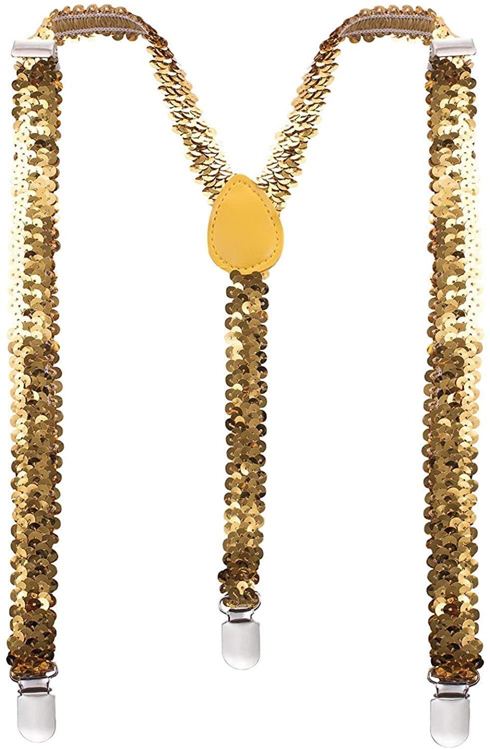 Gold Sequin Suspenders - Unisex Adjustable Clip On Elastic Y-Back Braces