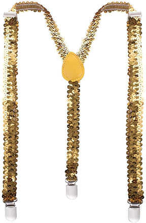 Gold Sequin Suspenders - Unisex Adjustable Clip On Elastic Y-Back Braces