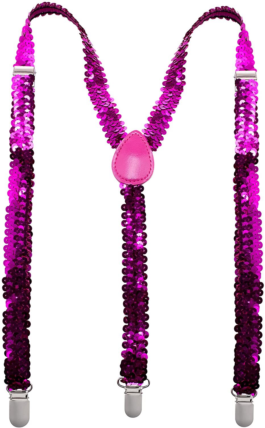 Hot Pink Sequin Suspenders - Unisex Adjustable Clip On Elastic Y-Back Braces
