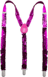 Hot Pink Sequin Suspenders - Unisex Adjustable Clip On Elastic Y-Back Braces