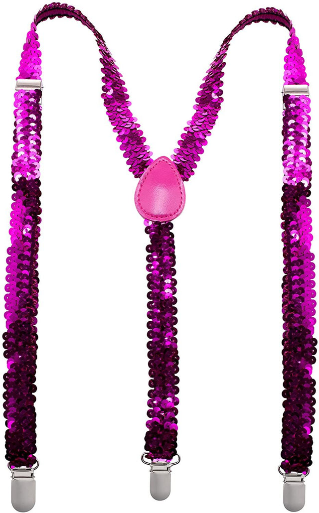 Hot Pink Sequin Suspenders - Unisex Adjustable Clip On Elastic Y-Back Braces