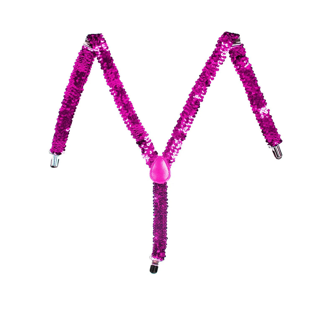 Hot Pink Sequin Suspenders - Unisex Adjustable Clip On Elastic Y-Back Braces