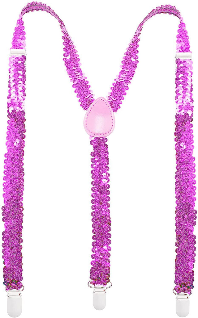 Light Pink Sequin Suspenders - Unisex Adjustable Clip On Elastic Y-Back Braces