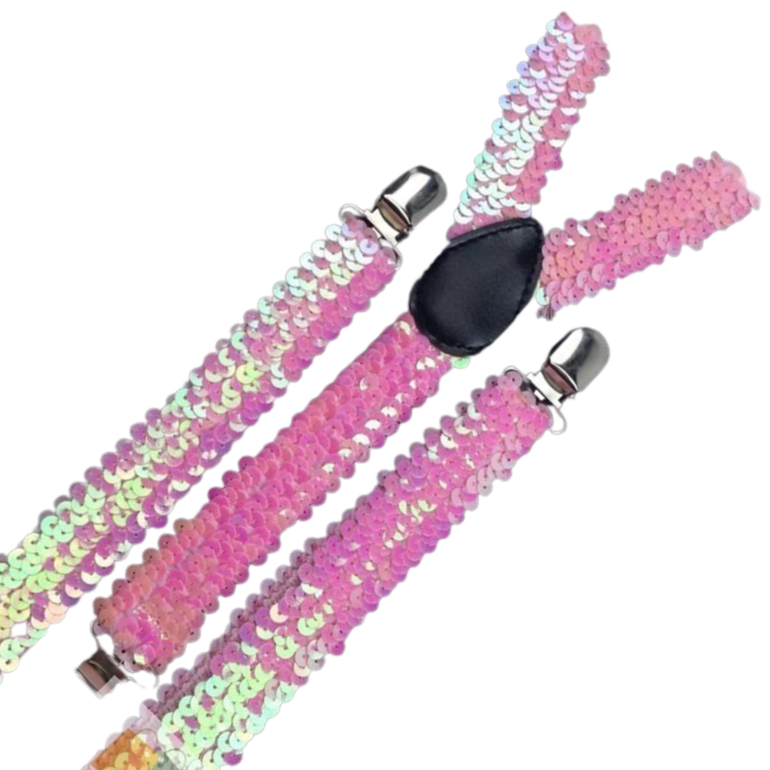 Light Pink Sequin Suspenders - Unisex Adjustable Clip On Elastic Y-Back Braces