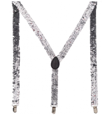 Silver Sequin Suspenders - Unisex Adjustable Clip On Elastic Y-Back Braces