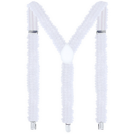 White Sequin Suspenders - Unisex Adjustable Clip On Elastic Y-Back Braces