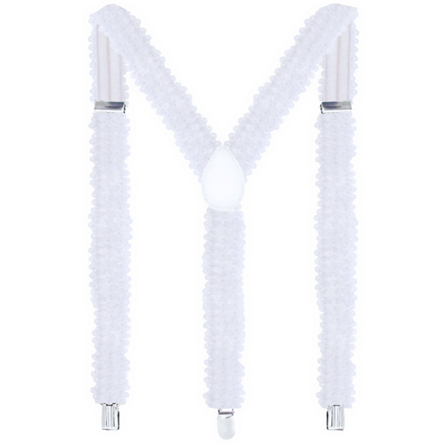 White Sequin Suspenders - Unisex Adjustable Clip On Elastic Y-Back Braces