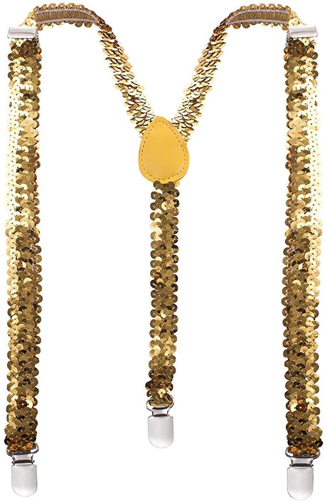 Yellow Sequin Suspenders - Unisex Adjustable Clip On Elastic Y-Back Braces