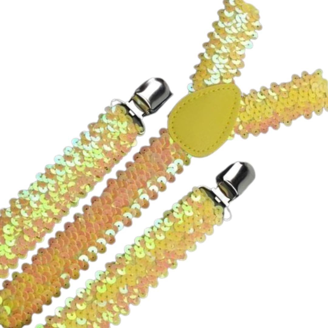 Yellow Sequin Suspenders - Unisex Adjustable Clip On Elastic Y-Back Braces