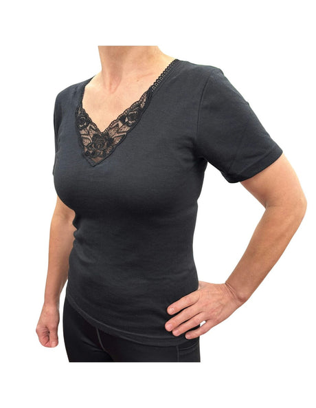 Thermo Fleece® Ladies Short Sleeve Thermal Top T Shirt w/Lace Motif - Black