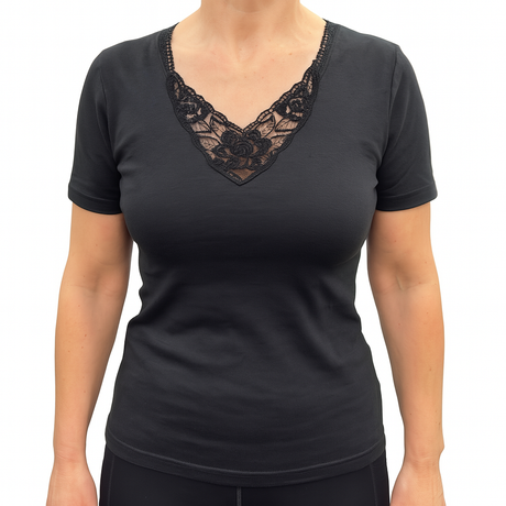 Thermo Fleece® Ladies Short Sleeve Thermal Top T Shirt w/Lace Motif - Black