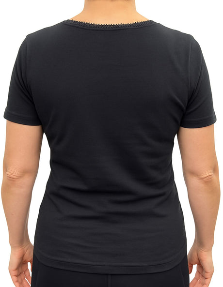 Thermo Fleece® Ladies Short Sleeve Thermal Top T Shirt w/Lace Motif - Black