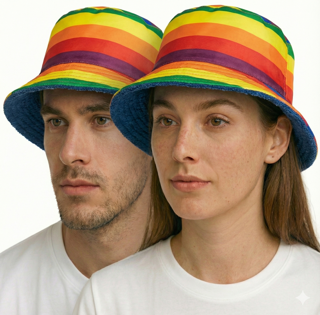 Reversible Stingy Brim Terry Towelling Bucket Hat Cap 100% COTTON - Rainbow/Blue - XXL (59-60cm)