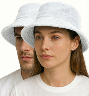 White Stingy Brim Bucket Hat - 100% Cotton Terry Towelling Daggy Cap for Fishing/Camping