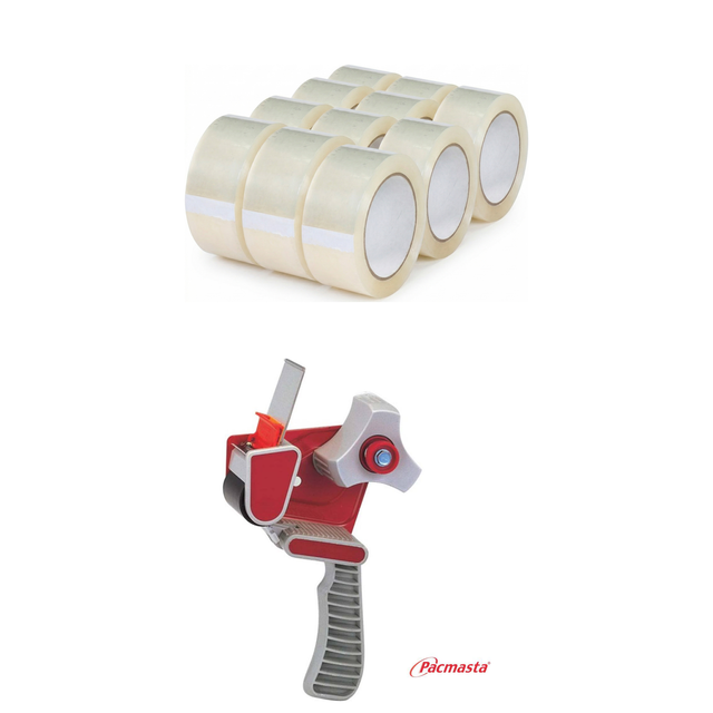 10-Rolls Heavy Duty Tape Bulk Pack w/Pacmasta Dispenser Gun (48mm x 70m 52 Micron)