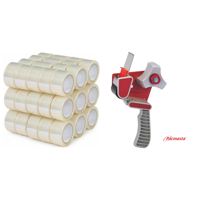 30-Rolls Heavy Duty Tape Bulk Pack w/Pacmasta Dispenser Gun (48mm x 70m 52 Micron)