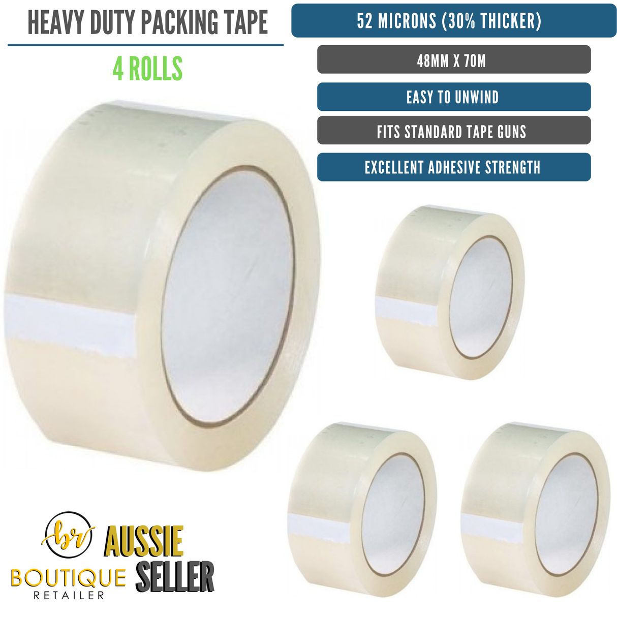 4 Rolls Heavy Duty Packing Tape - Extra Strong 52 Microns Packaging (48mm x 70m)