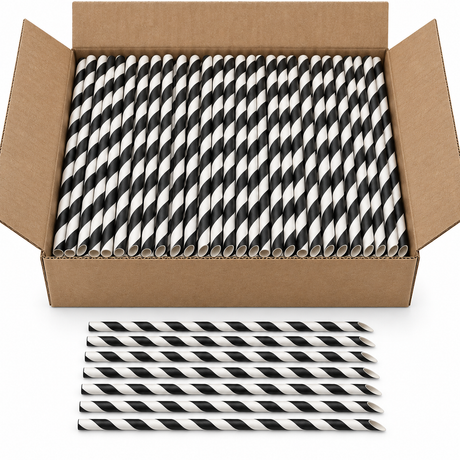 2500pcs Disposable 3-Ply Paper Straws Bulk - Black/White (Angle Cut) - 6x200mm 