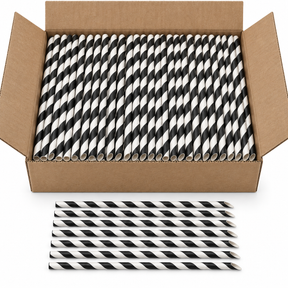 2500pcs Disposable 3-Ply Paper Straws Bulk - Black/White (Angle Cut) - 6x200mm 