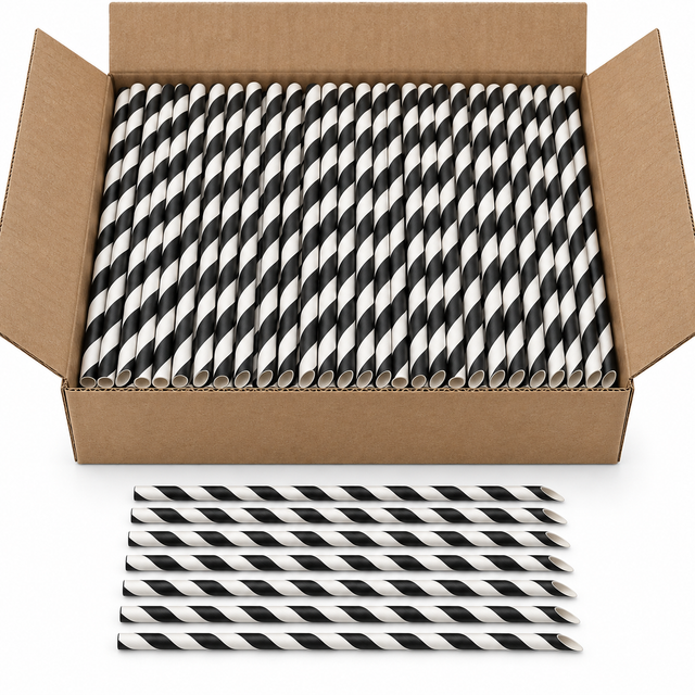 2500pcs Disposable 3-Ply Paper Straws Bulk - Black/White (Angle Cut) - 6x200mm 