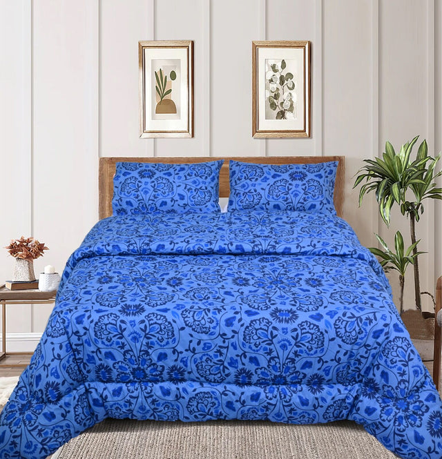 Super King Comforter Set with 2 Pillow Cases - Blue Floral (Quilt Cover)