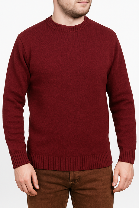 100% SHETLAND WOOL CREW Round Neck Knit JUMPER Pullover Mens Sweater Knitted - Burgundy