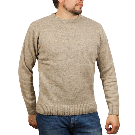100% SHETLAND RAGG WOOL CREW Round Neck Knit JUMPER Pullover Mens Sweater Knitted - Beige - 6XL