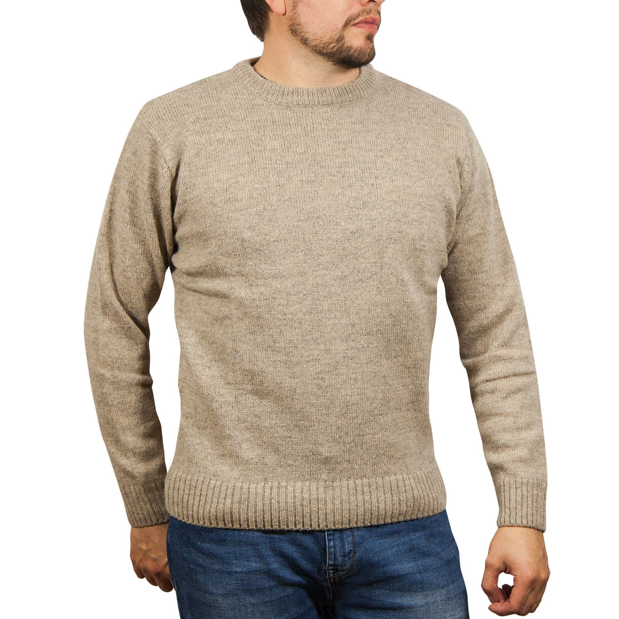 100% SHETLAND RAGG WOOL CREW Round Neck Knit JUMPER Pullover Mens Sweater Knitted - Beige