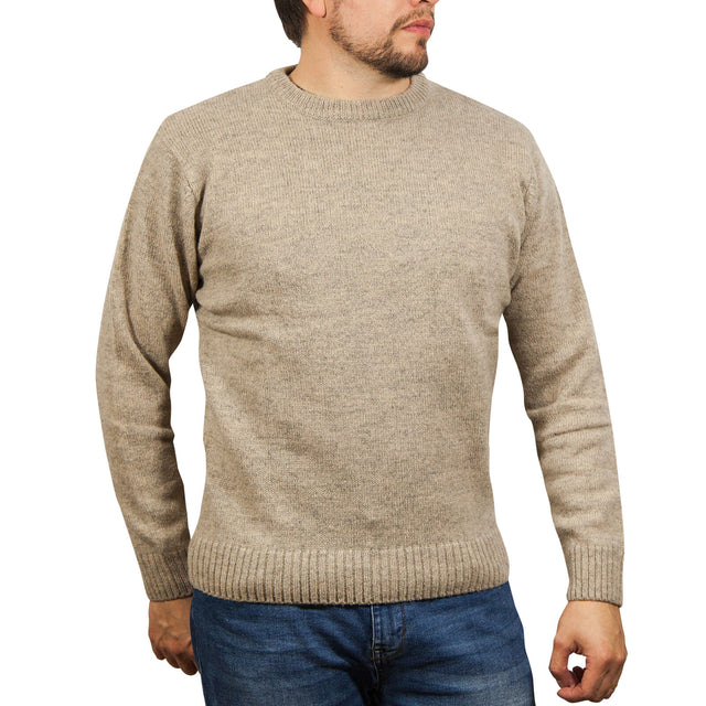 100% SHETLAND RAGG WOOL CREW Round Neck Knit JUMPER Pullover Mens Sweater Knitted - Beige