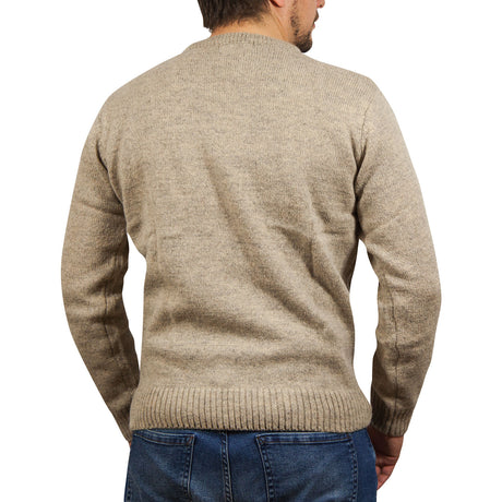 100% SHETLAND WOOL CREW Round Neck Knit JUMPER Pullover Mens Sweater Knitted - Beige