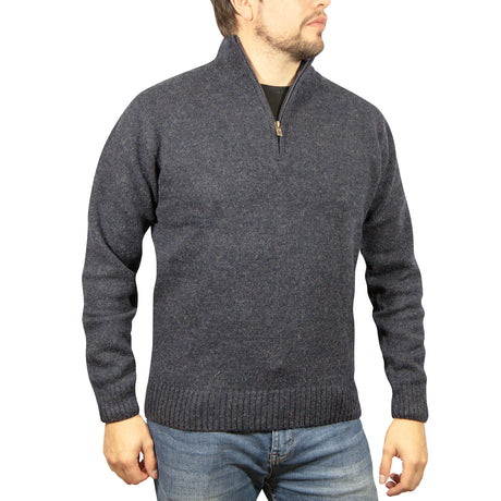 100% Shetland Ragg Wool Half Zip Jumper - Denim Blue (Mens Knitted Sweater/Pullover)